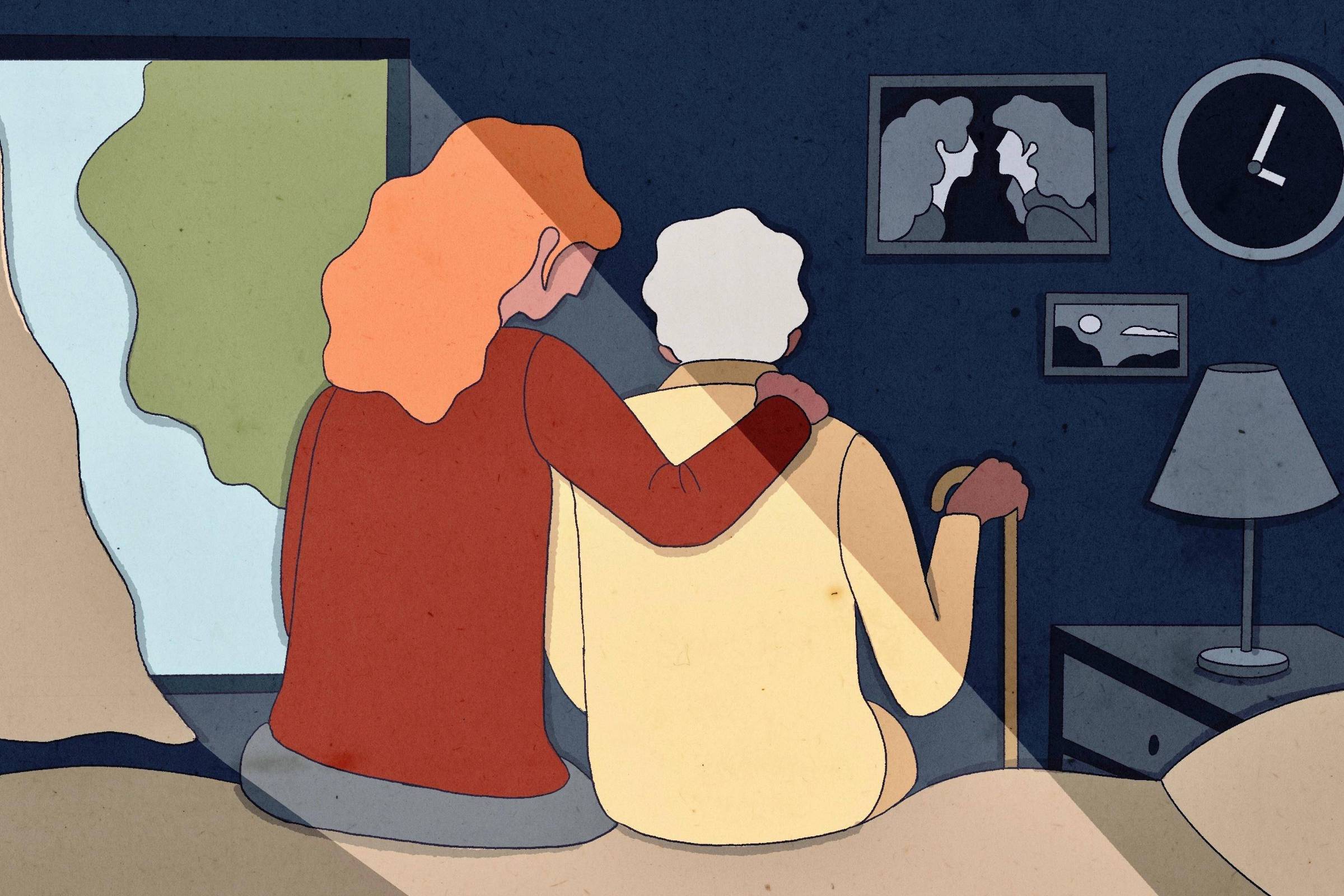 A ilustração mostra duas figuras sentadas em uma cama. Uma figura, com cabelo laranja e vestindo uma blusa vermelha, está abraçando a outra, que tem cabelo branco e usa uma camisa amarela. Ao fundo, há uma janela com luz entrando, um relógio na parede e duas fotos emolduradas. A cena transmite um sentimento de carinho e conexão entre as duas pessoas.