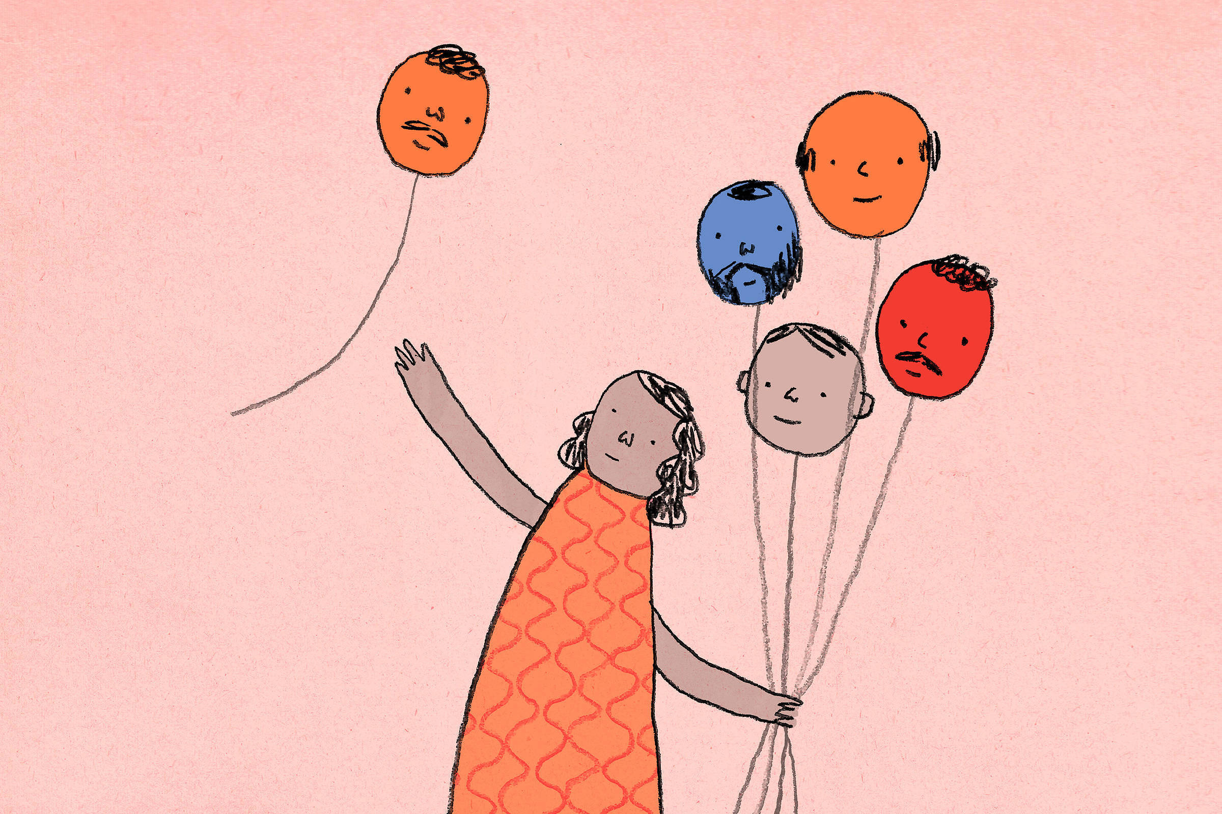 A imagem mostra uma mulher de vestido laranja segurando cinco balões. Os balões têm rostos desenhados, expressando diferentes emoções. O fundo é de cor rosa.