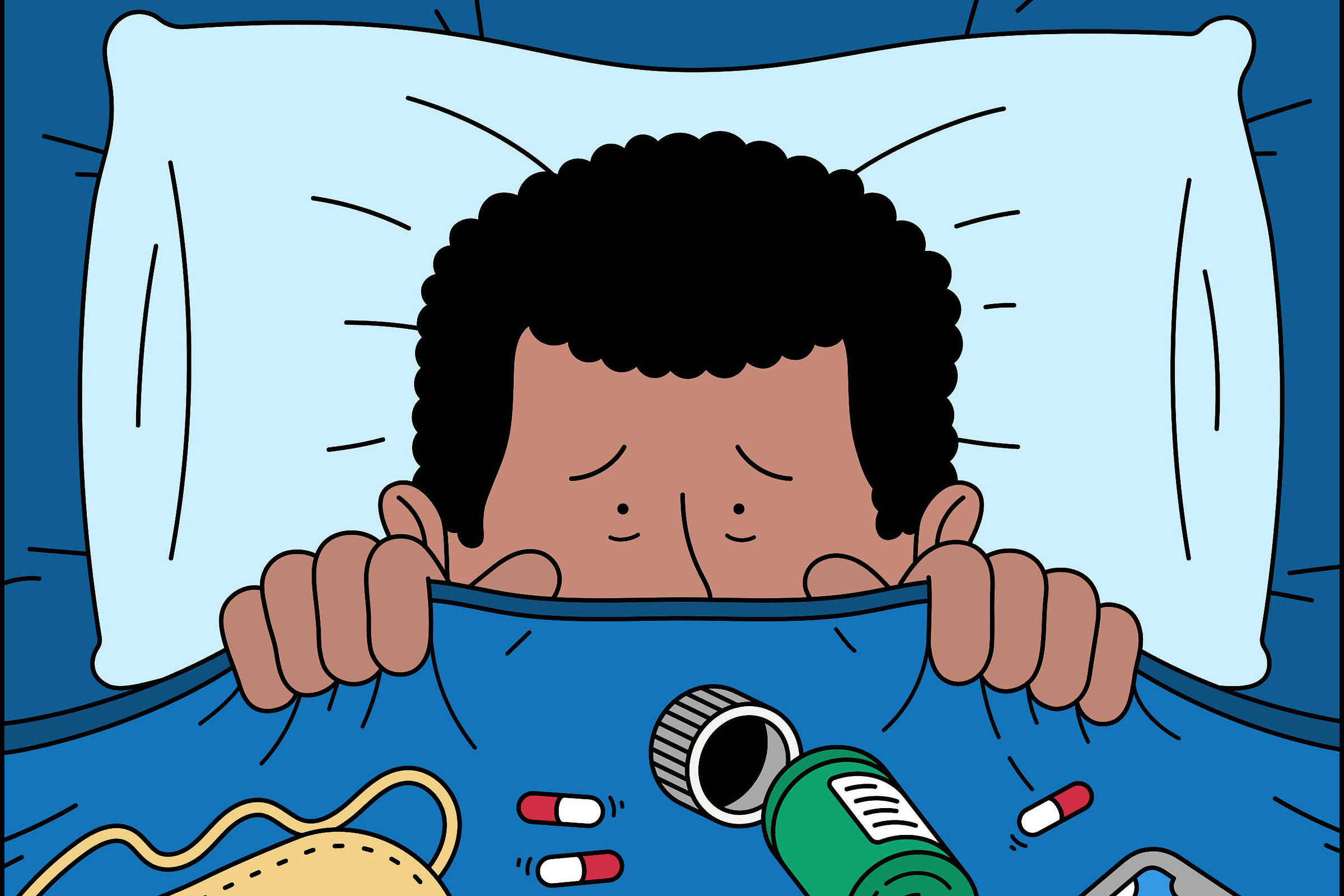 A imagem mostra uma pessoa deitada na cama, coberta com um lençol azul. A pessoa tem cabelo crespo e está segurando o lençol com as duas mãos, com uma expressão de preocupação. Ao redor dela, há vários itens relacionados ao sono, incluindo uma máscara de dormir amarela, um frasco de remédio verde, uma cartela de comprimidos, um celular com ícones de sono e algumas cápsulas vermelhas e brancas. O fundo é azul, representando um ambiente de descanso.