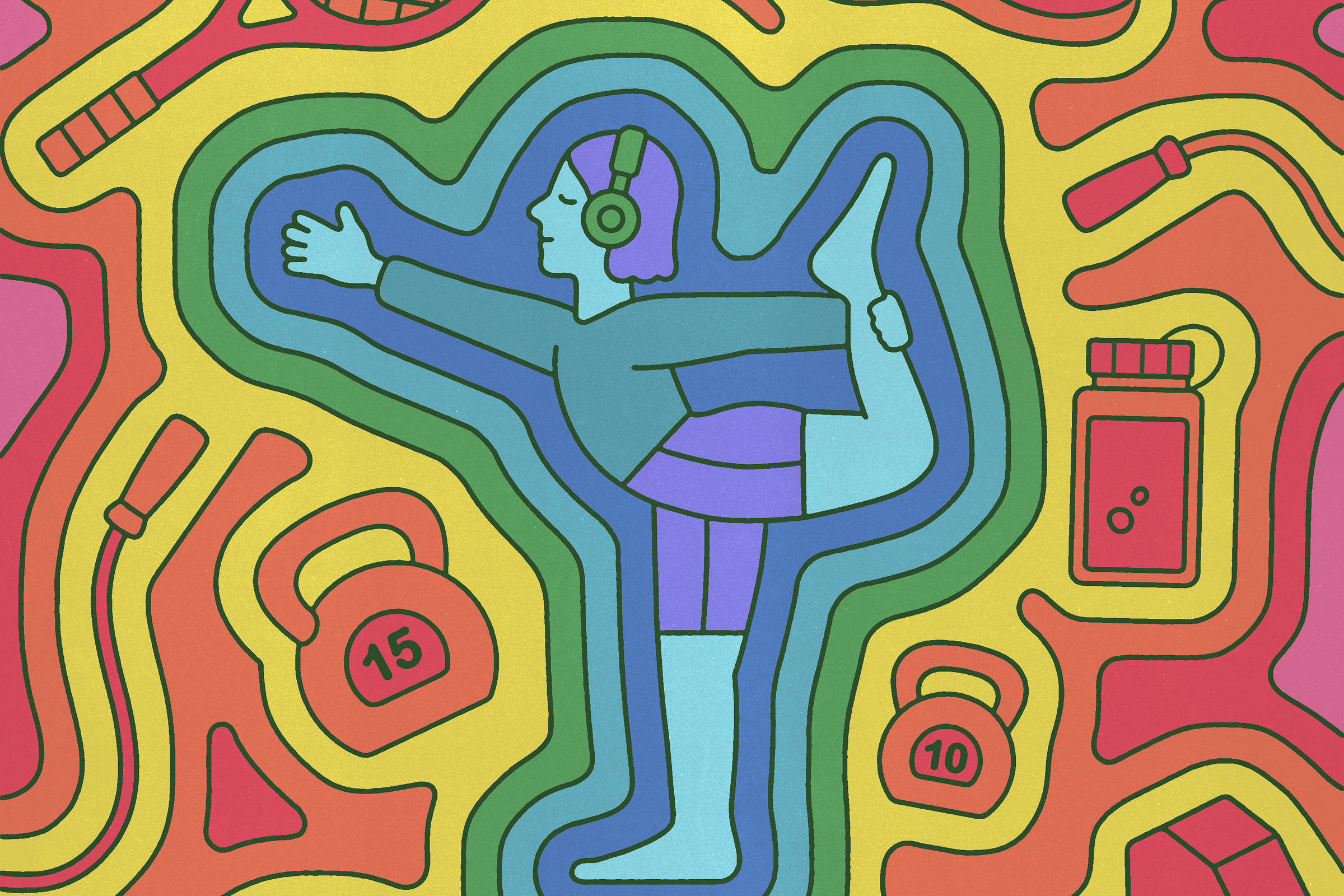 A imagem apresenta um design colorido e estilizado, com um fundo em tons de rosa e laranja. No centro, há uma figura humana em uma pose de alongamento, usando fones de ouvido. Ao redor, estão diversos elementos relacionados a atividades físicas, como uma raquete de tênis, um par de tênis, garrafa de água, pesos, e uma bola de vôlei, todos em cores vibrantes.