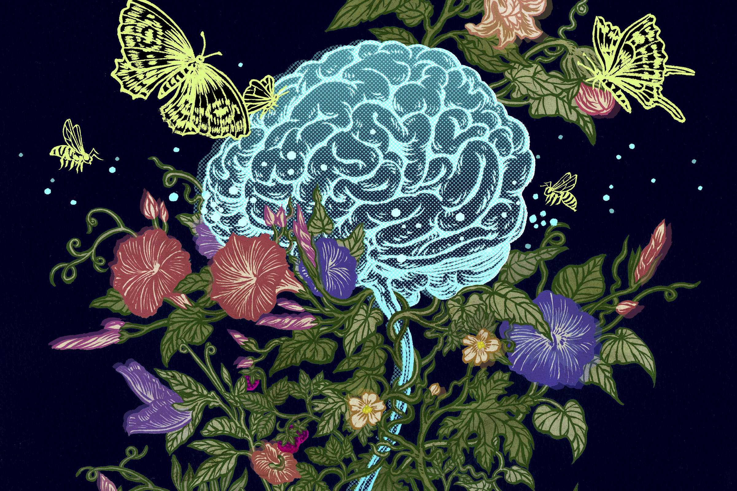 A imagem apresenta um cérebro estilizado em azul claro, cercado por uma variedade de flores coloridas e borboletas. O cérebro parece estar conectado a um fluxo de água que se origina de sua base, enquanto as flores e borboletas estão dispostas de maneira orgânica ao redor, criando uma composição vibrante e natural. O fundo é escuro, o que destaca os elementos coloridos da imagem.