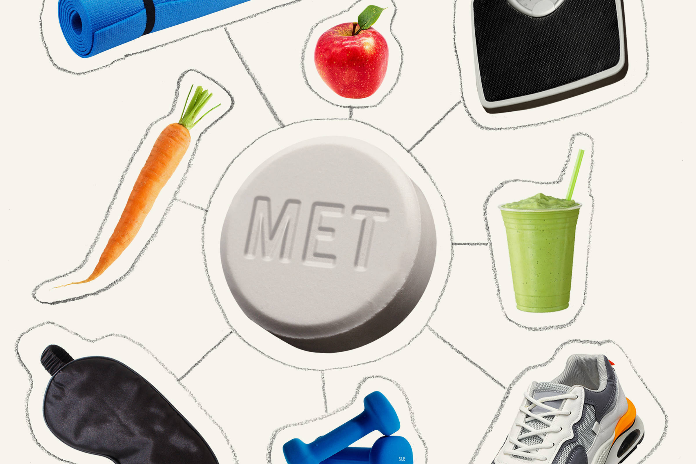 A imagem apresenta uma composição de ícones relacionados a um estilo de vida saudável. No centro, há um comprimido com a inscrição