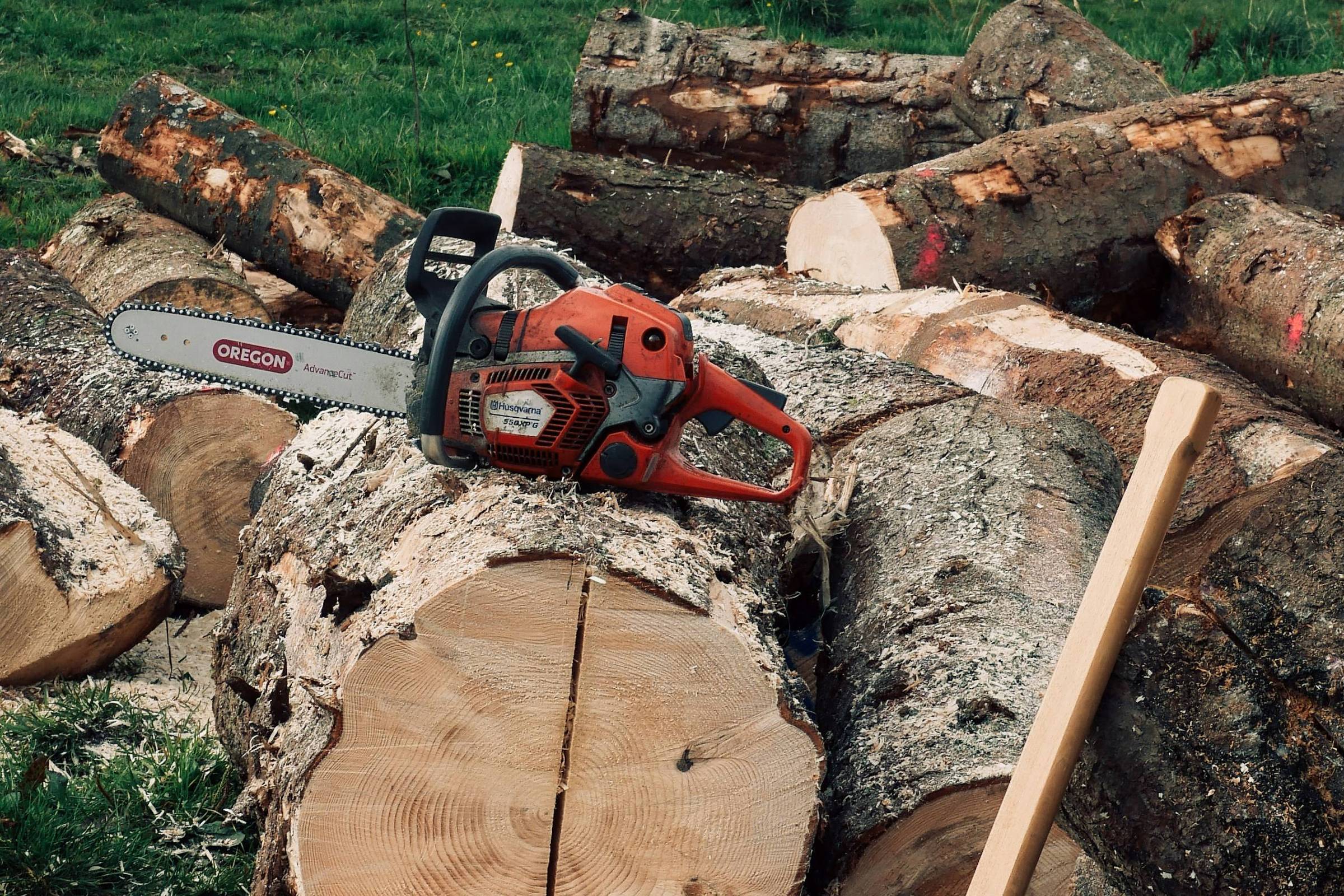 A imagem mostra um cenário ao ar livre com troncos de madeira empilhados e um tronco cortado ao centro. Uma motosserra vermelha está posicionada sobre um dos troncos, e ao lado há um machado de madeira. O fundo apresenta uma paisagem verde com colinas e árvores ao longe.