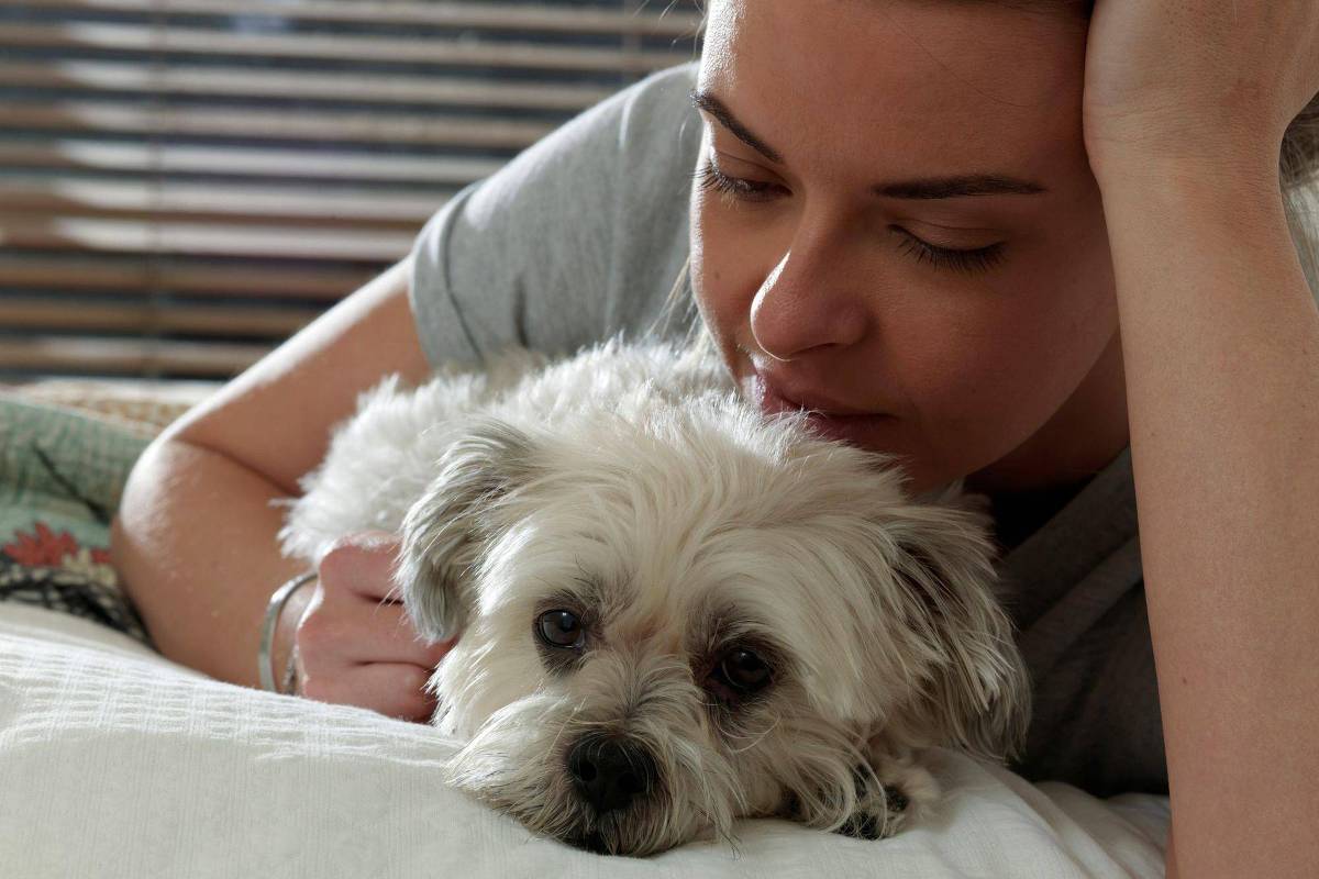 Uma mulher está deitada em uma cama, com a cabeça apoiada em uma mão e olhando para um cachorro que está ao seu lado. O cachorro, de pelagem clara e aparência fofa, parece relaxado. O ambiente é bem iluminado, com persianas ao fundo.