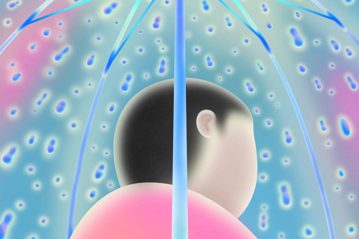 A imagem mostra uma figura de costas, com um cabelo curto e escuro, segurando um guarda-chuva. O guarda-chuva é estilizado, com hastes azuis e uma cobertura que parece refletir uma luz suave. O fundo é uma mistura de cores em tons de azul e rosa, com padrões que lembram gotas de chuva ou luzes. A atmosfera é etérea e onírica, sugerindo um ambiente de sonho.