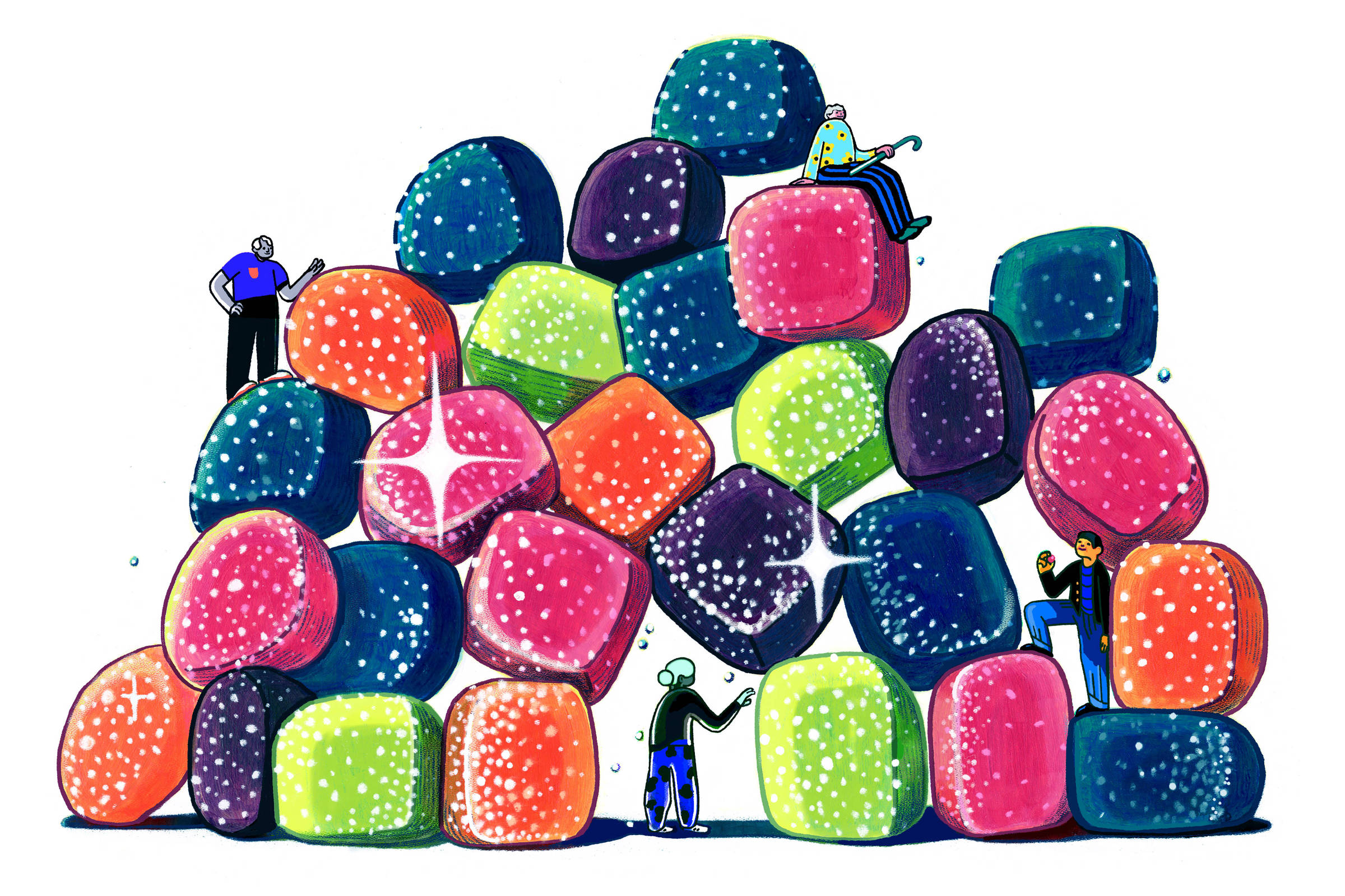 A imagem mostra uma grande pilha de doces coloridos em forma de cubos, com uma variedade de cores como rosa, roxo, verde e azul. Alguns personagens estão escalando ou interagindo com os doces, enquanto outros estão em cima da pilha. Os doces têm um brilho que sugere que são açucarados ou cobertos de glitter.