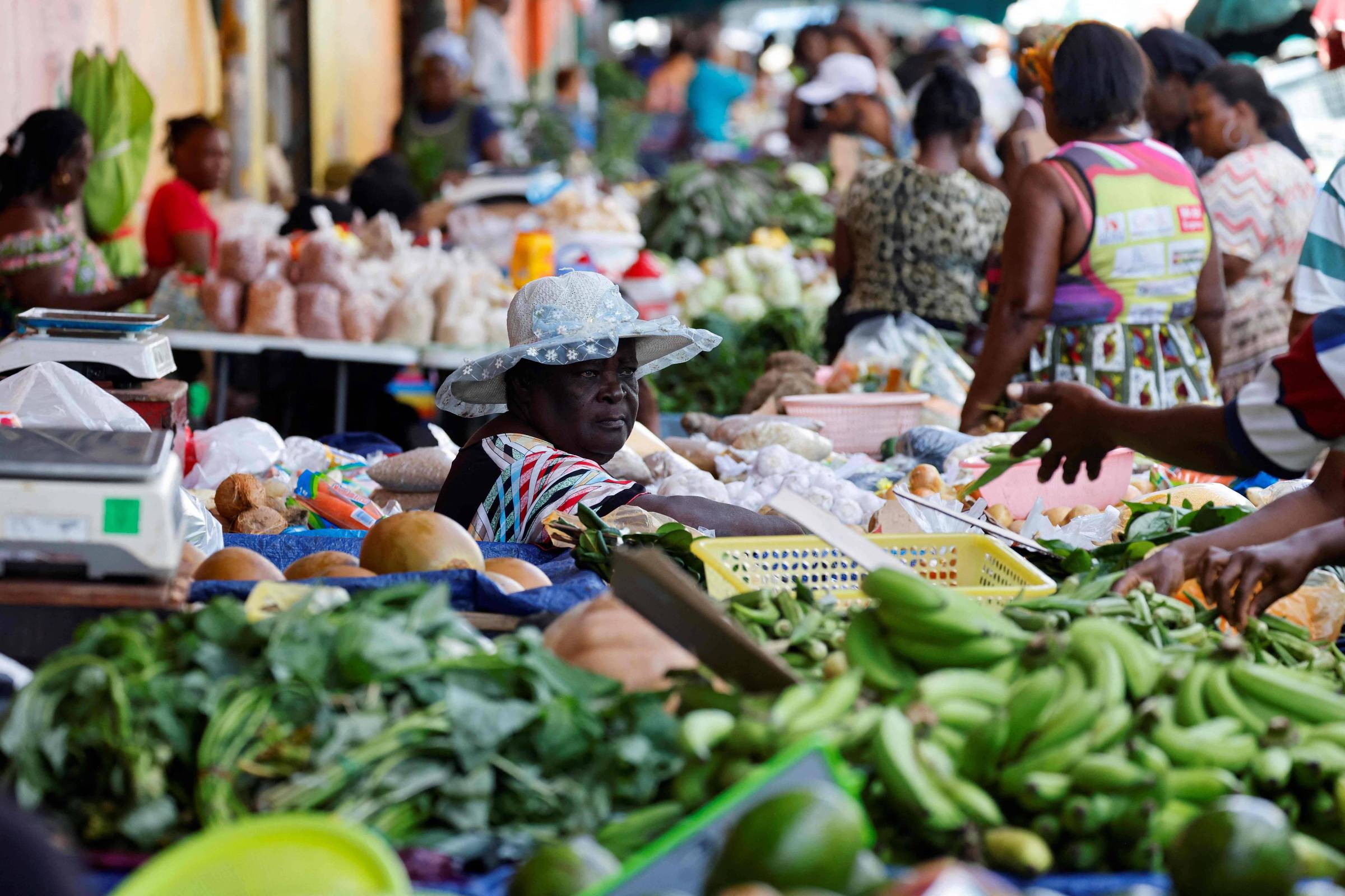 A imagem mostra uma feira ao ar livre com várias barracas repletas de frutas, verduras e legumes. No primeiro plano, há uma mulher usando um chapéu, observando os produtos. Ao fundo, outras pessoas estão interagindo e comprando. A atmosfera é movimentada, com uma variedade de produtos frescos expostos em mesas.