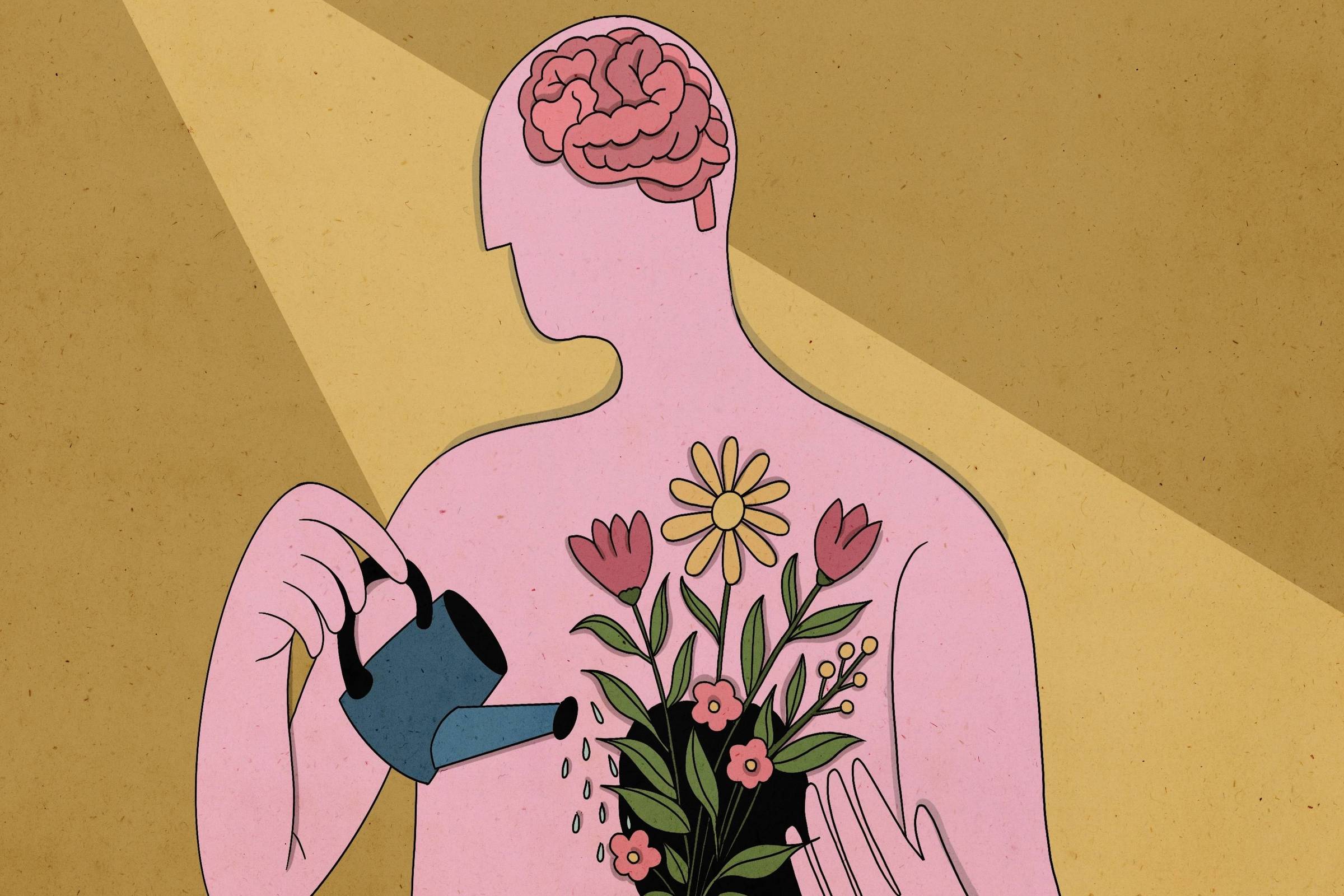 Uma figura humana com o cérebro exposto rega flores que crescem do próprio peito, simbolizando o autocuidado e o cultivo da saúde mental. A imagem transmite a ideia de que, ao nutrirmos nosso interior, florescemos emocionalmente e mentalmente.
