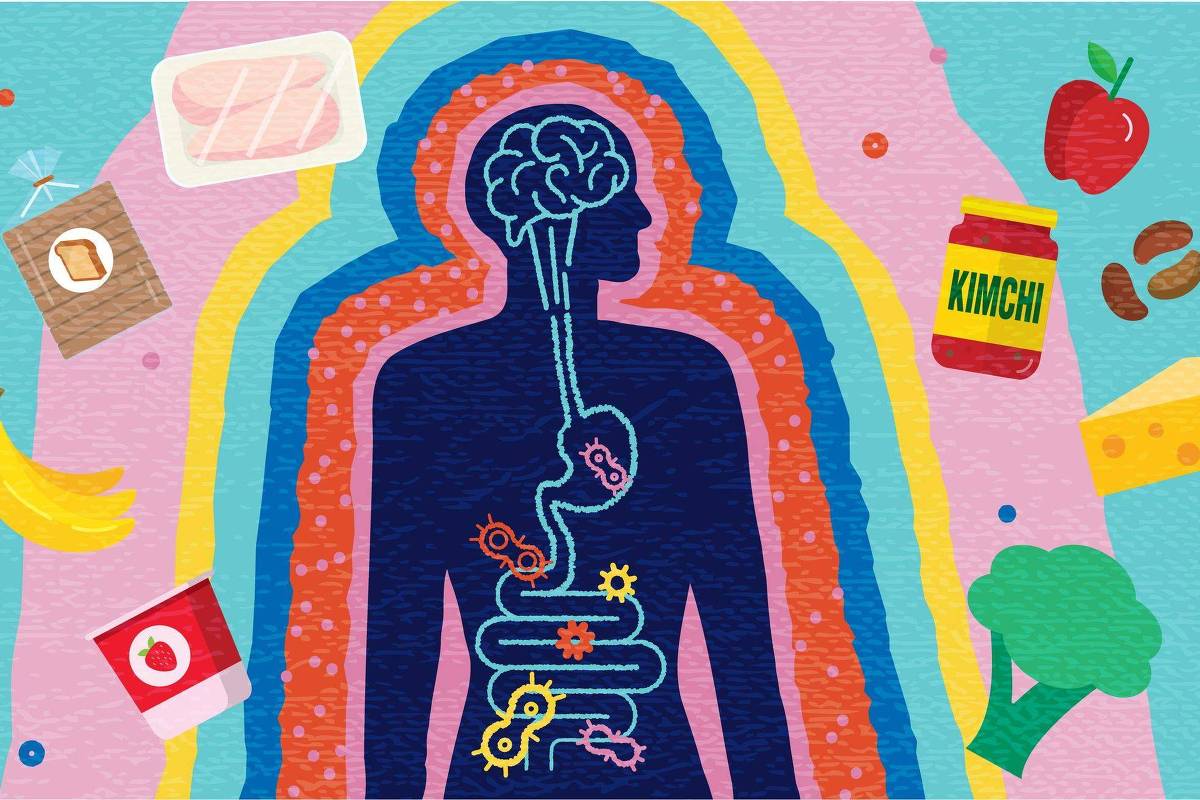 A imagem apresenta uma ilustração colorida de um corpo humano em silhueta, destacando o sistema digestivo. Dentro da silhueta, há representações de órgãos e um cérebro no topo. Ao redor do corpo, estão diversos alimentos, como bananas, um maçã, um pote de kimchi, grãos de café, queijo, e um recipiente com iogurte. O fundo é composto por cores vibrantes e formas geométricas.