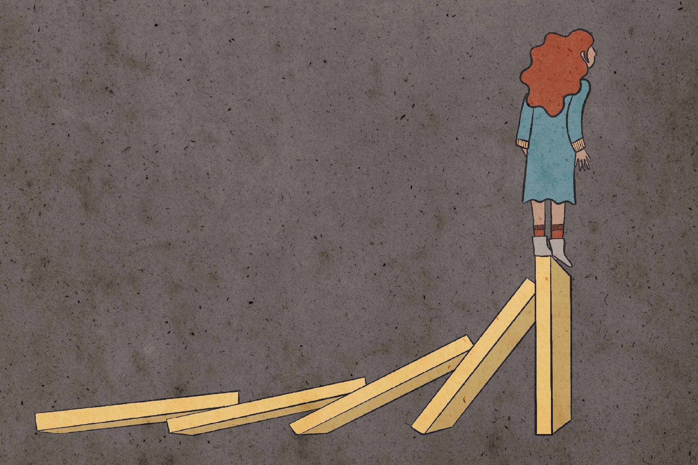A ilustração mostra um fundo escuro com uma pilha de barras derrubadas, com apenas um de pé, onde uma menina ruiva se equilibra para não cair