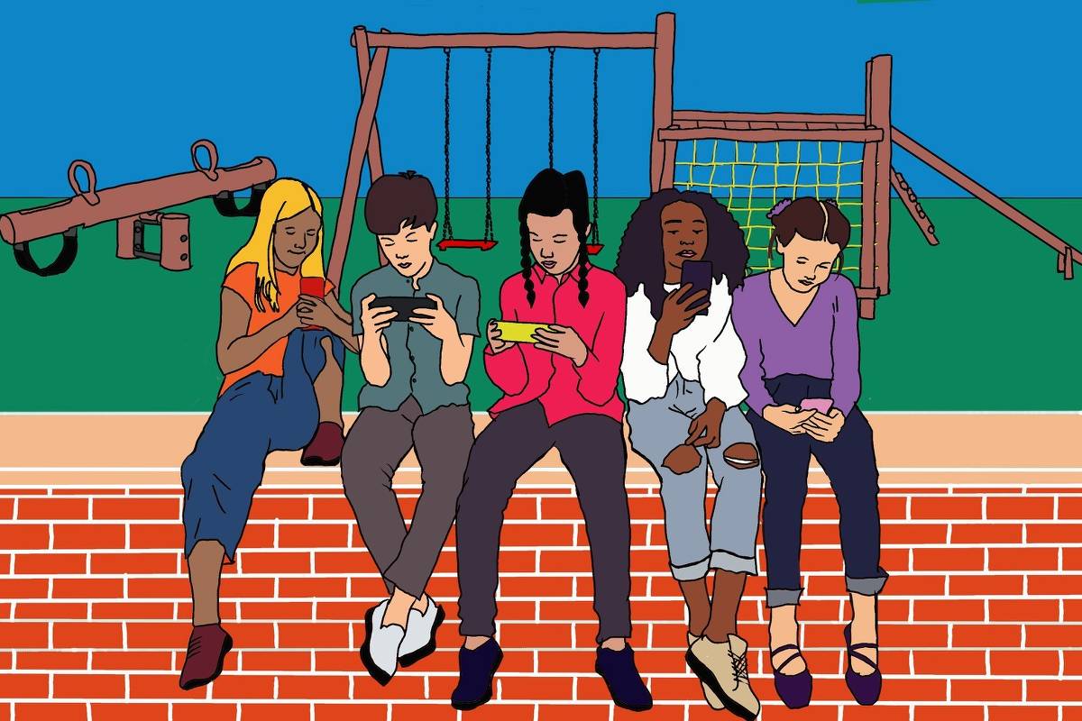 A ilustração de Annette Schwartsman, publicada na Folha de São Paulo no dia 28 de abr de 2024, mostra cinco adolescentes sentados sobre um muro de tijolos, todos usando seus telefones celulares e de costas para um parquinho infantil (gangorra, balanças, trepa-trepa e escorregador) completamente vazio; o grupo é formado por quatro meninas e um menino  de cerca de 11, 12 anos.