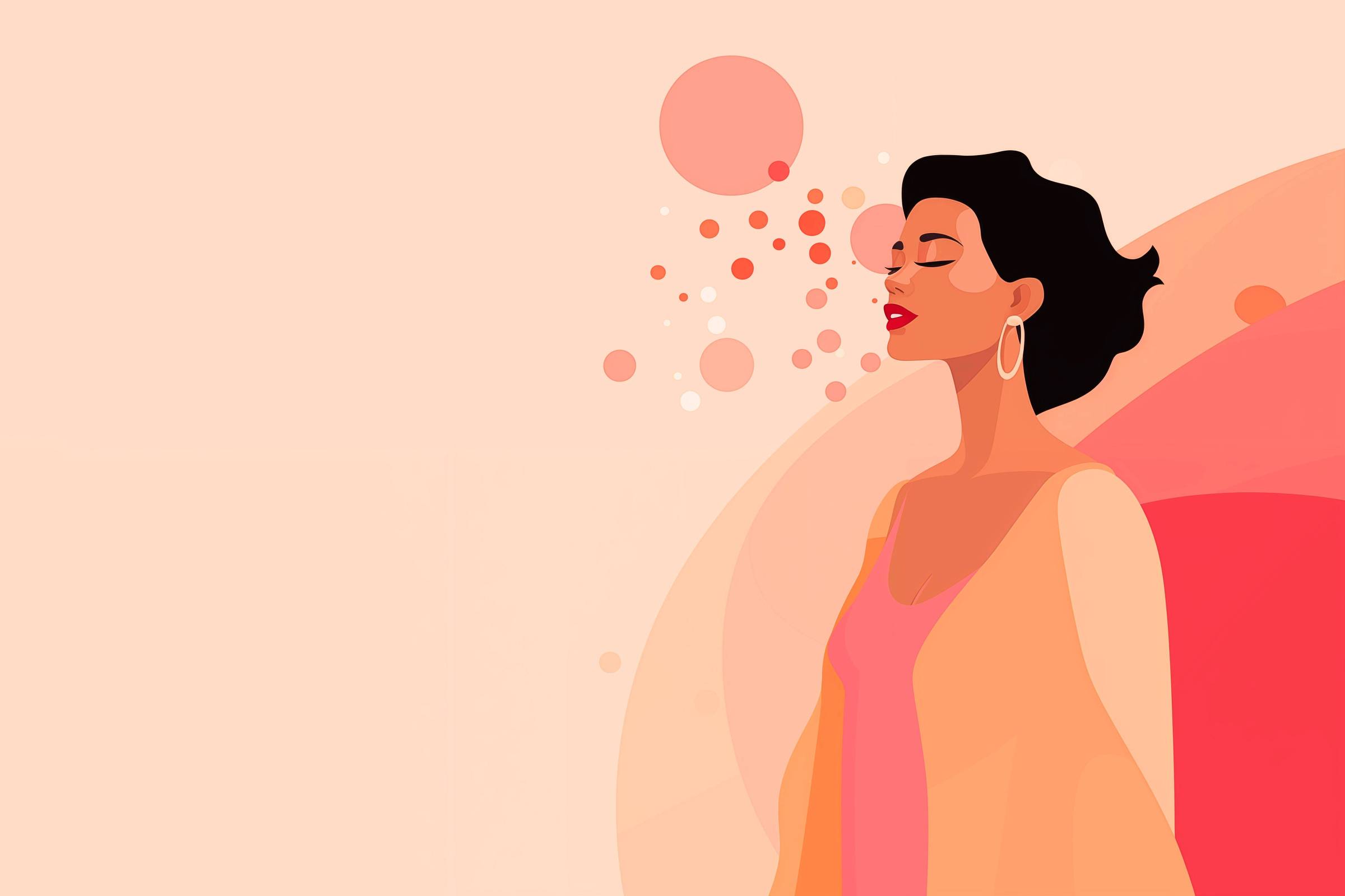 A imagem apresenta uma ilustração de uma mulher com cabelo curto e ondulado, usando brincos grandes. Ela está de perfil, com os olhos fechados e uma expressão serena. Ao fundo, há formas circulares em tons de rosa e laranja, criando um efeito suave e abstrato. O fundo é de um tom claro, complementando a paleta de cores da ilustração.