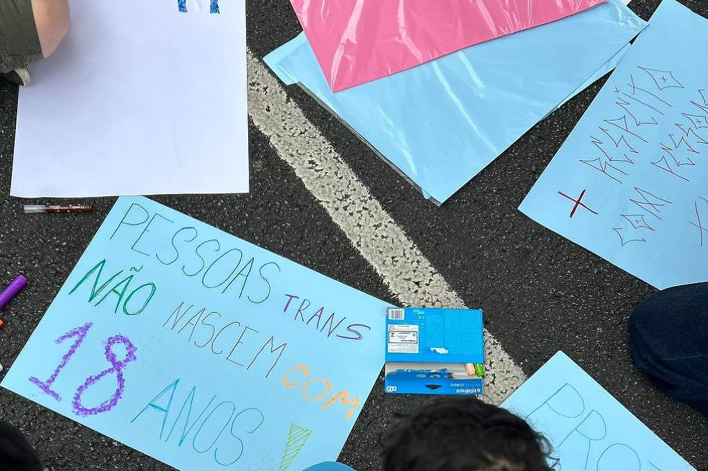 A imagem mostra um grupo de pessoas sentadas no chão, algumas delas cobertas com bandeiras em cores azul, rosa e branco, que são as cores da bandeira trans. Há cartazes espalhados pelo chão, com inscrições em letras grandes. Um dos cartazes diz: