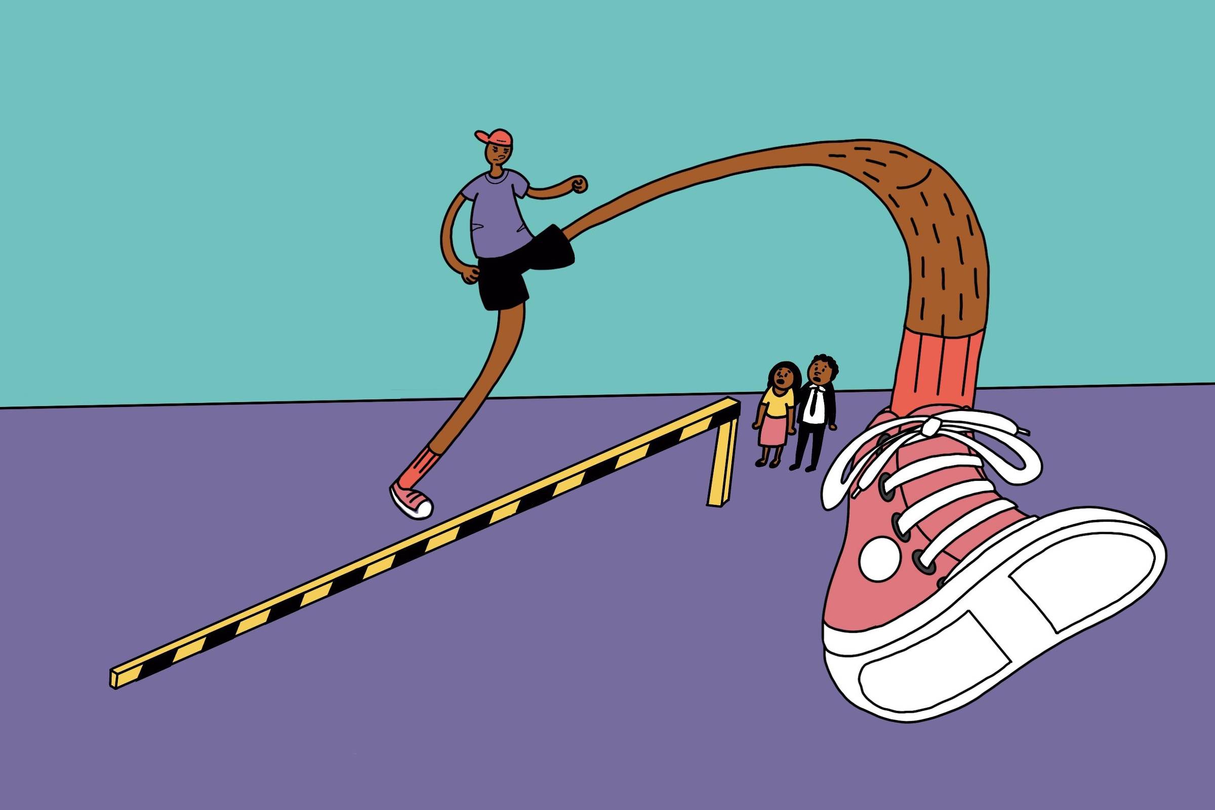 A imagem apresenta uma ilustração colorida de um corredor com pernas longas e um pé grande, que parece estar saltando sobre uma barreira. O corredor está usando uma camiseta e um boné, enquanto duas pessoas pequenas estão observando ao lado da barreira. O fundo é de uma cor sólida, e a cena tem um estilo de arte cartoon.