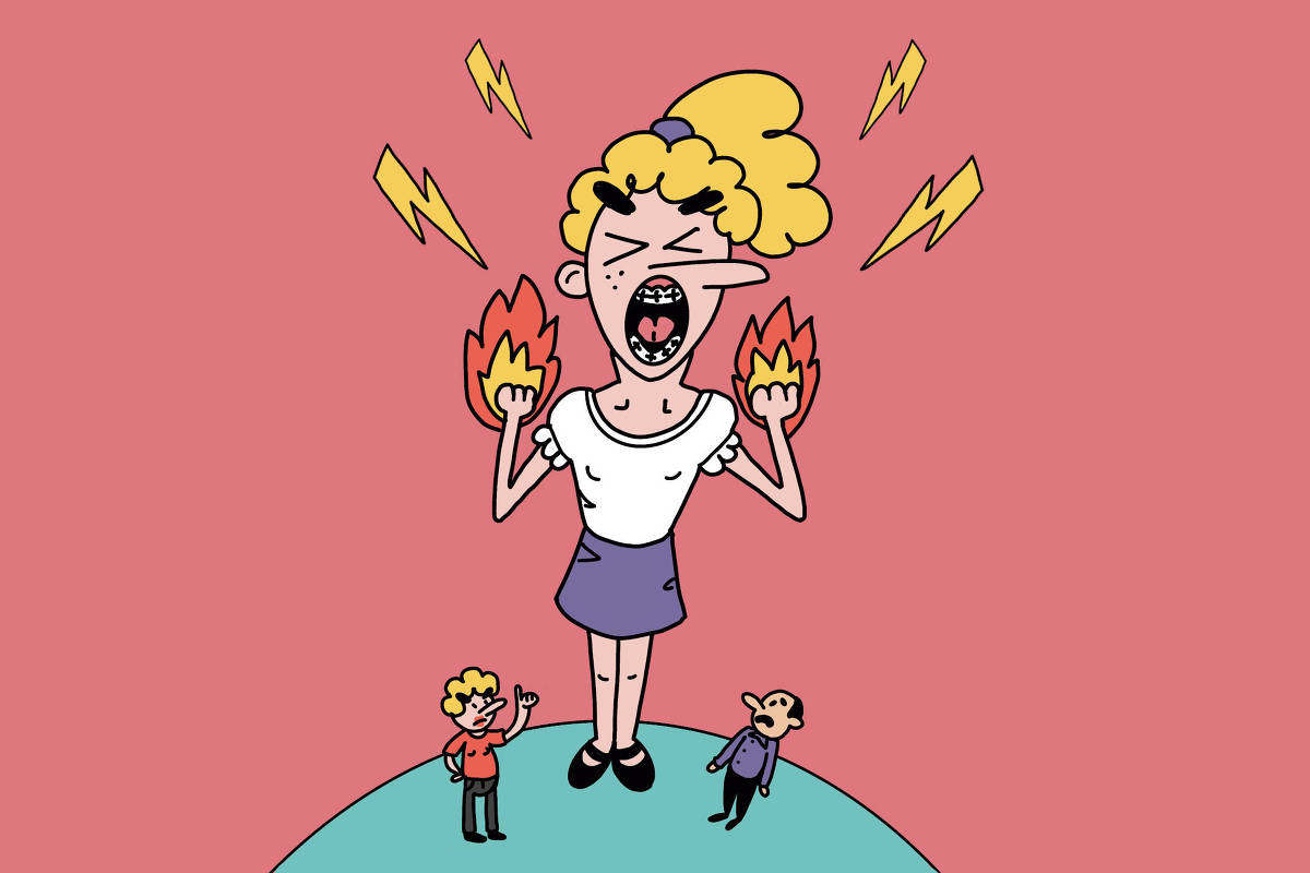 A imagem mostra uma personagem feminina com cabelo loiro e preso em um coque, gritando com a boca aberta. Ela está em pé sobre uma superfície redonda e possui chamas nas mãos. Ao seu redor, há duas figuras menores, uma com cabelo loiro e outra com cabelo escuro, ambas parecendo surpresas ou assustadas. O fundo é de cor rosa e há raios amarelos ao redor da personagem principal, sugerindo uma atmosfera intensa.