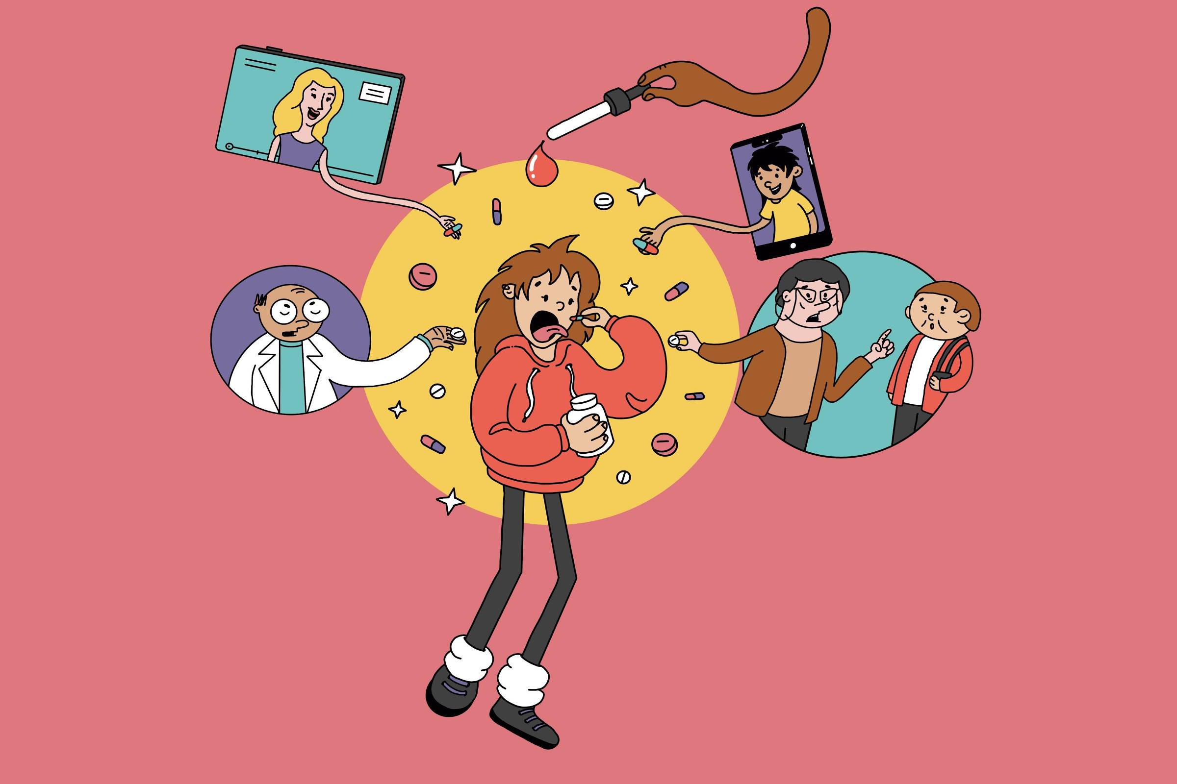 A imagem apresenta uma ilustração em estilo cartoon de uma pessoa com cabelo castanho e longo, vestindo um moletom vermelho e calças pretas. Ela está segurando um frasco de medicamentos e parece preocupada ou assustada. Ao redor dela, há quatro círculos que mostram diferentes personagens: uma mulher loira em uma tela de computador, um homem com óculos e jaleco, e dois outros homens, um com cabelo castanho e outro com cabelo curto. O fundo é de cor rosa e há elementos gráficos como estrelas e gotas.
