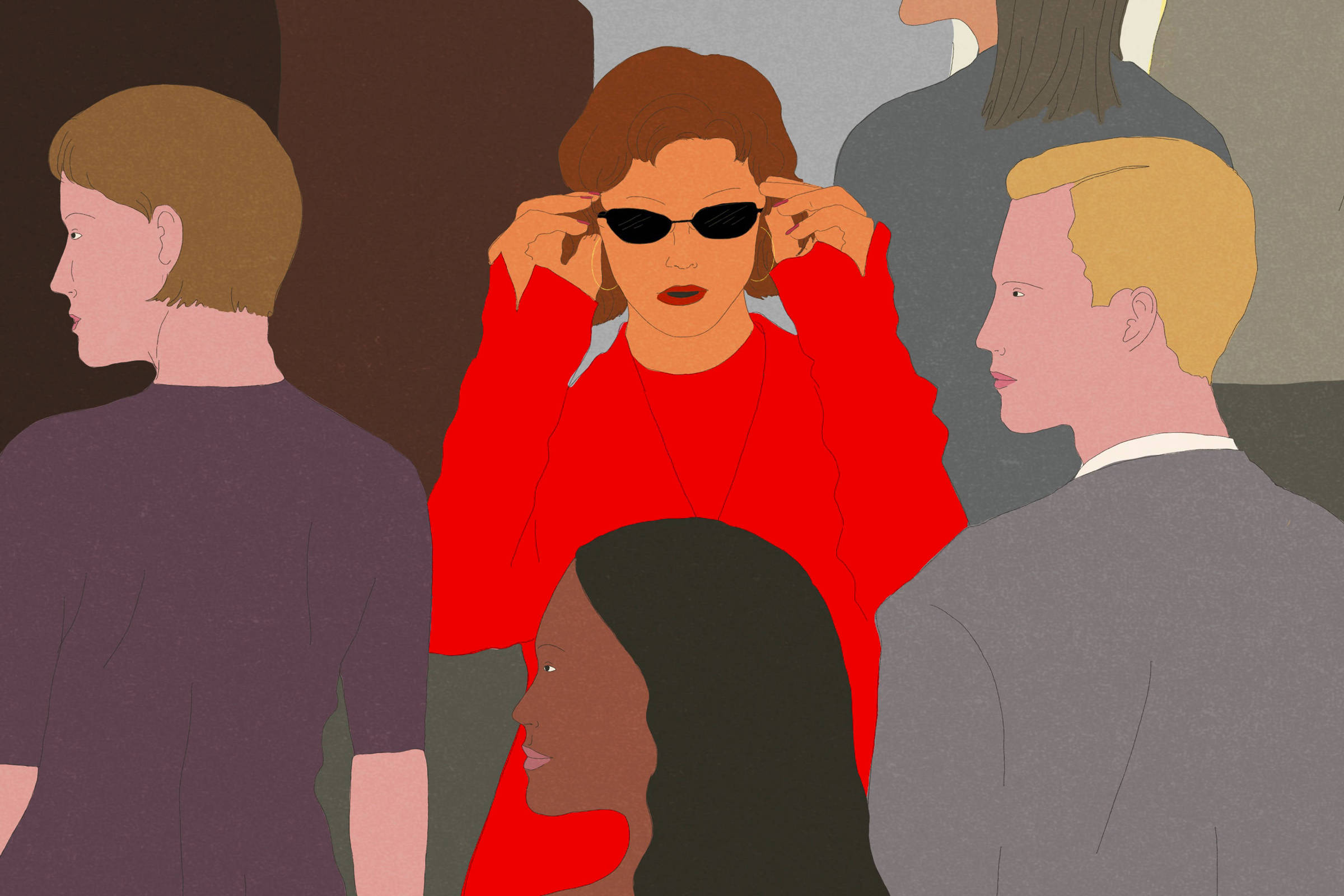 A imagem apresenta uma multidão de pessoas, onde a maioria está em tons neutros. No centro, destaca-se uma mulher com cabelo castanho e óculos escuros, vestindo uma blusa vermelha. Ela está ajustando os óculos, enquanto as outras figuras ao redor têm expressões neutras e estão vestidas de forma variada, em cores como cinza, preto e branco. O fundo é composto por várias silhuetas de pessoas, criando um contraste com a mulher em vermelho.