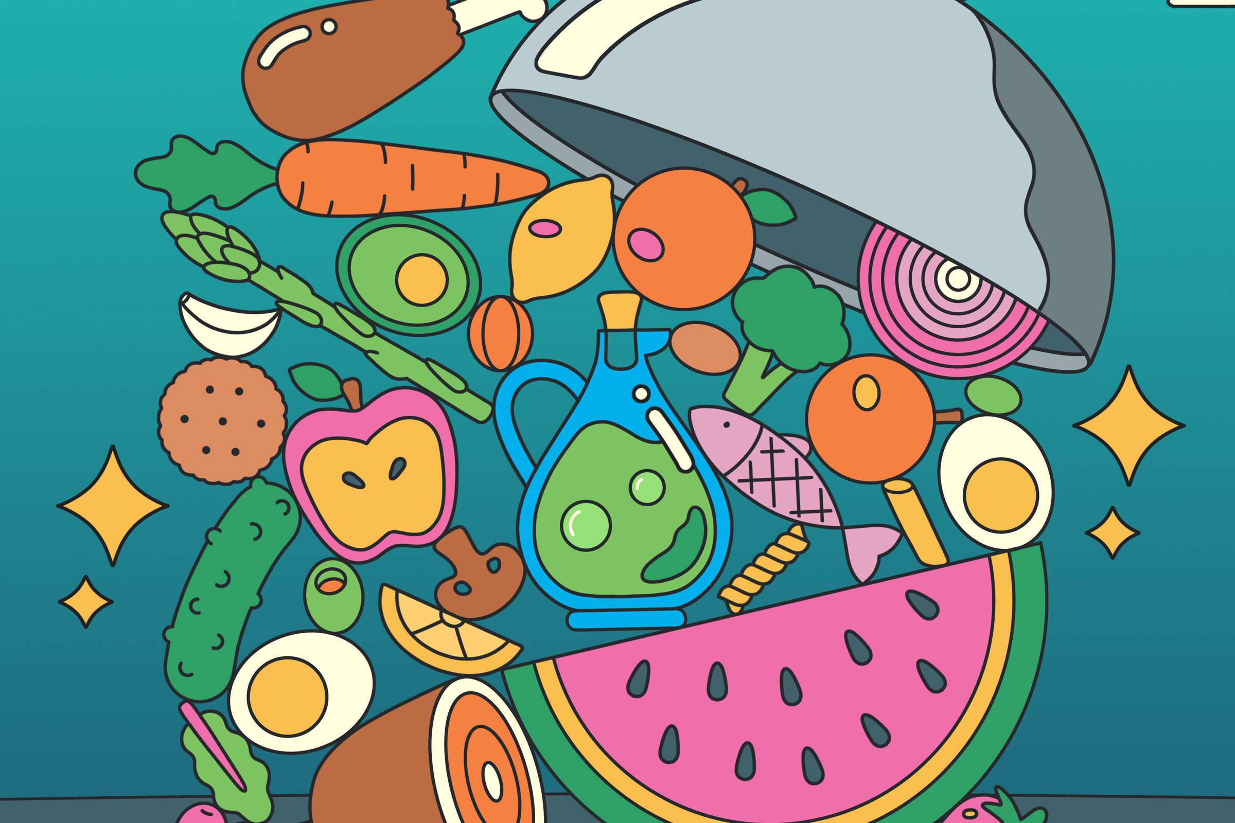 A imagem apresenta uma montagem vibrante de diversos alimentos, incluindo frutas, vegetais, carnes e bebidas, dispostos de forma artística sob uma tampa de prato. Entre os itens, destacam-se uma melancia, uma maçã, cenouras, um frango, e garrafas de líquidos coloridos. O fundo é em um tom de azul gradiente, e há elementos decorativos como estrelas ao redor dos alimentos.