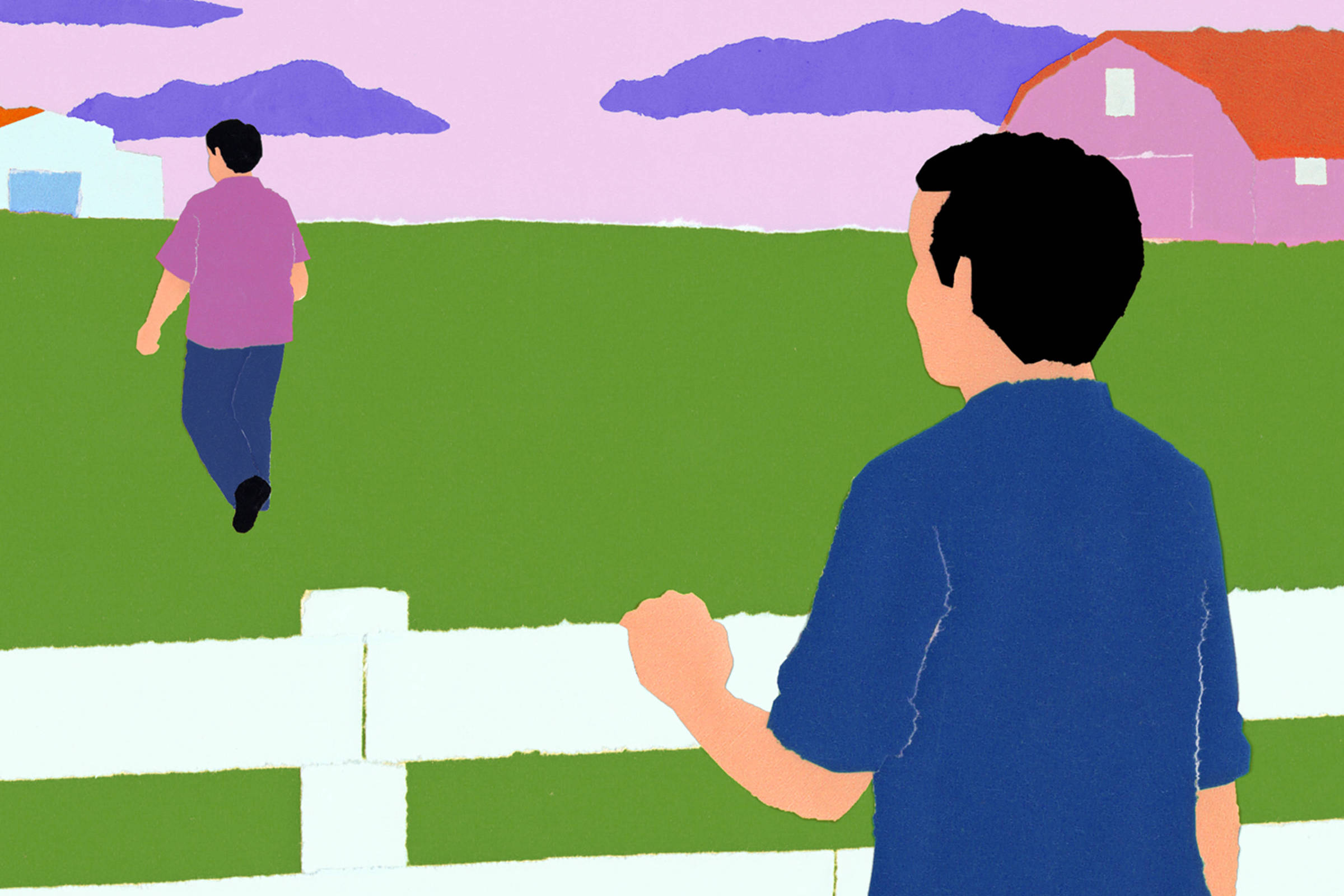 A imagem apresenta um cenário de campo com duas figuras humanas. Uma pessoa está de costas, olhando para outra que se afasta. O fundo é composto por um céu em tons de rosa e roxo, com nuvens, e há uma cerca branca na frente. Ao fundo, há uma casa e um celeiro com telhados vermelhos.