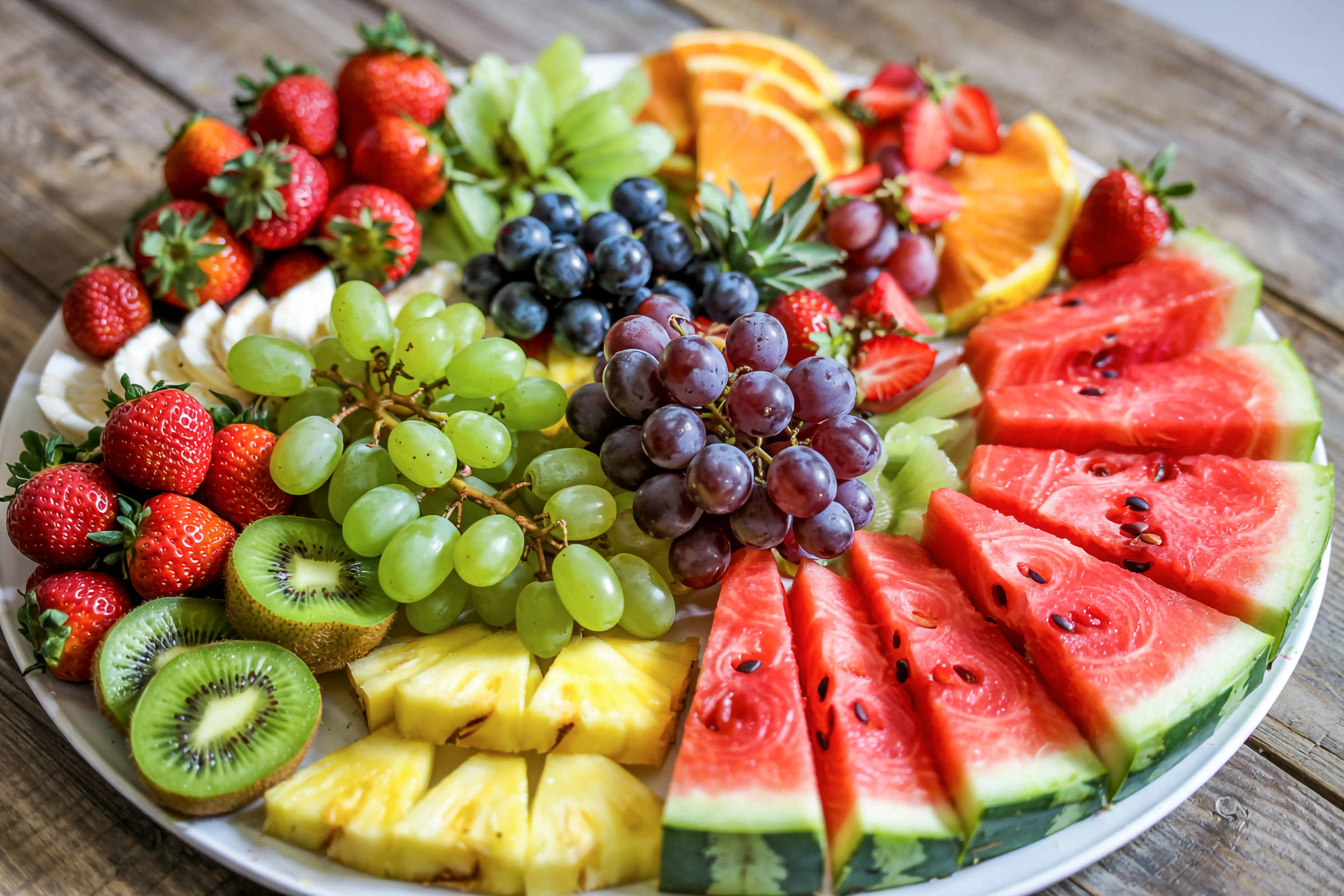 Um prato redondo repleto de diversas frutas frescas. Há morangos, uvas verdes e roxas, fatias de melancia, abacaxi, kiwi, laranjas e uvas. As frutas estão dispostas de forma colorida e atraente, com uma variedade de texturas e cores.