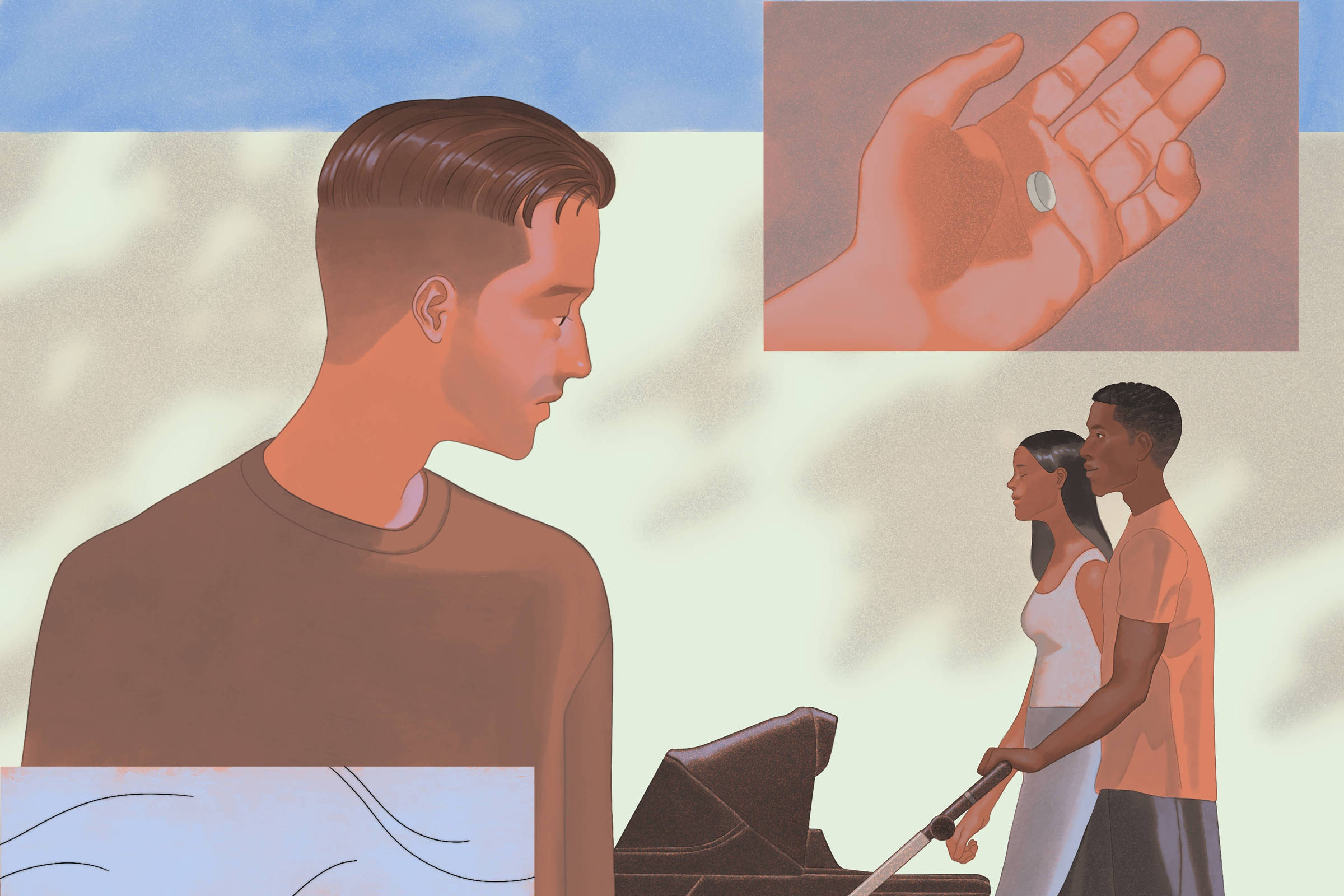 A imagem apresenta uma ilustração com um homem em primeiro plano, olhando para o lado. Ao fundo, duas pessoas caminham juntas, empurrando um carrinho de bebê. Em um dos cantos da imagem, há uma representação de uma mão segurando uma gota, e em outro canto, um pente com cabelos. O fundo é claro, com um céu azul.