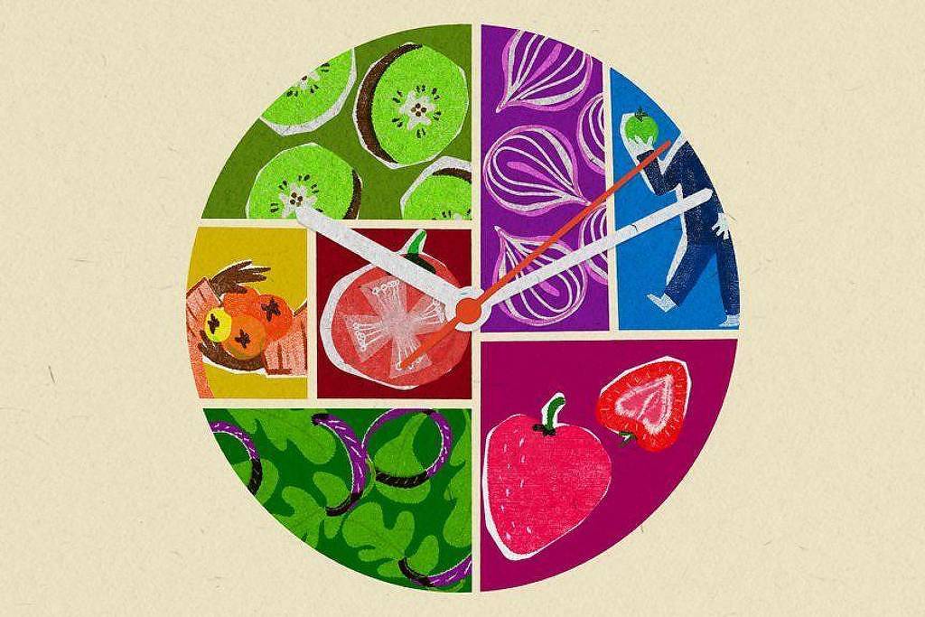 A imagem apresenta um relógio estilizado dividido em seis seções, cada uma com ilustrações de diferentes frutas e vegetais. As seções incluem fatias de kiwi, cebolas roxas, um personagem segurando uma faca, uma fatia de melancia, uma maçã e morangos. O fundo é de cor clara e os ponteiros do relógio são visíveis, indicando a hora.