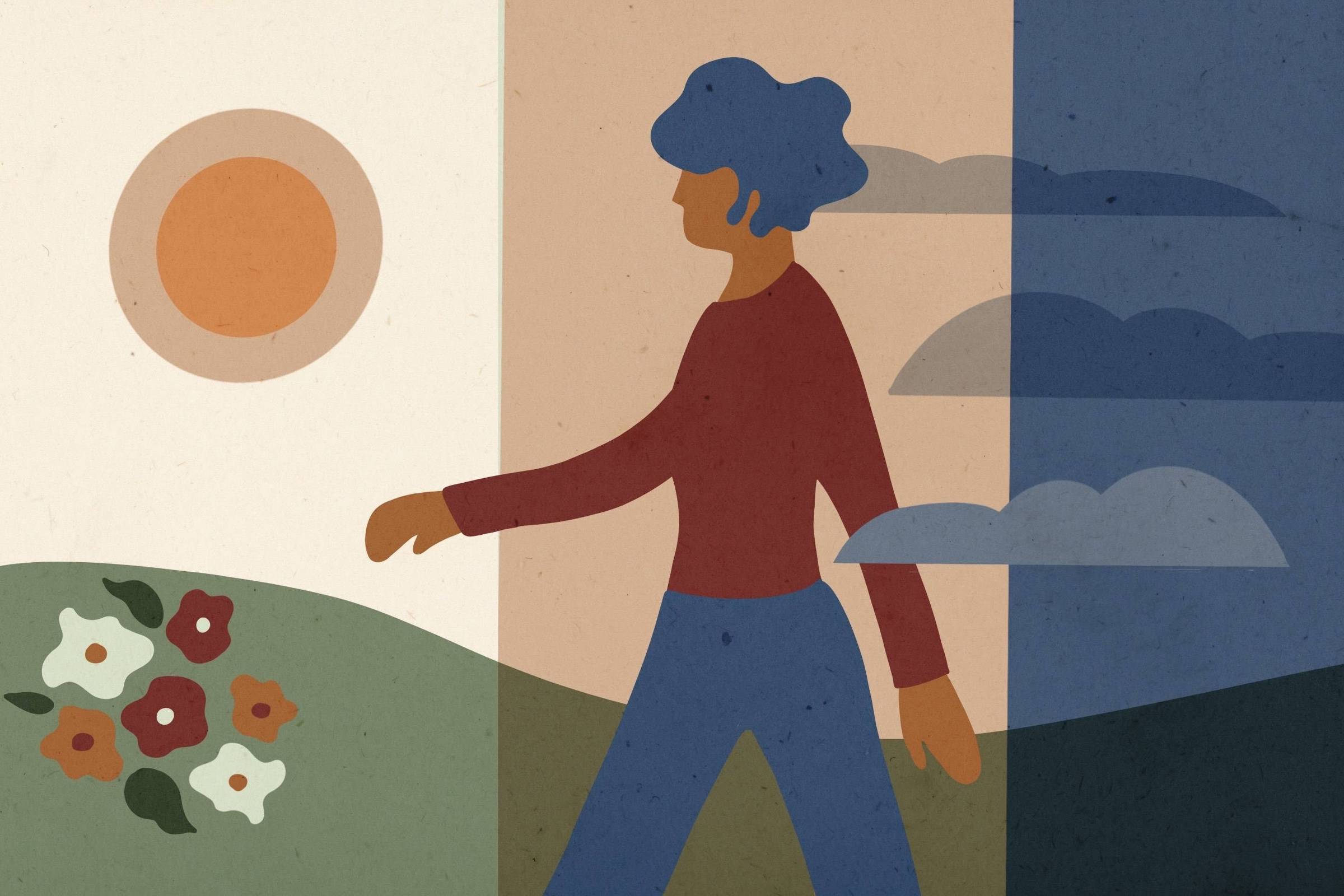 A imagem apresenta uma ilustração estilizada de uma pessoa caminhando. O fundo é dividido em três partes: à esquerda, um sol laranja brilha sobre um campo verde com flores coloridas; no centro, a figura da pessoa, com cabelo azul e vestindo uma blusa marrom e calças azuis; à direita, nuvens cinzas em um céu azul escuro. A composição sugere uma transição entre diferentes climas ou estados de espírito.