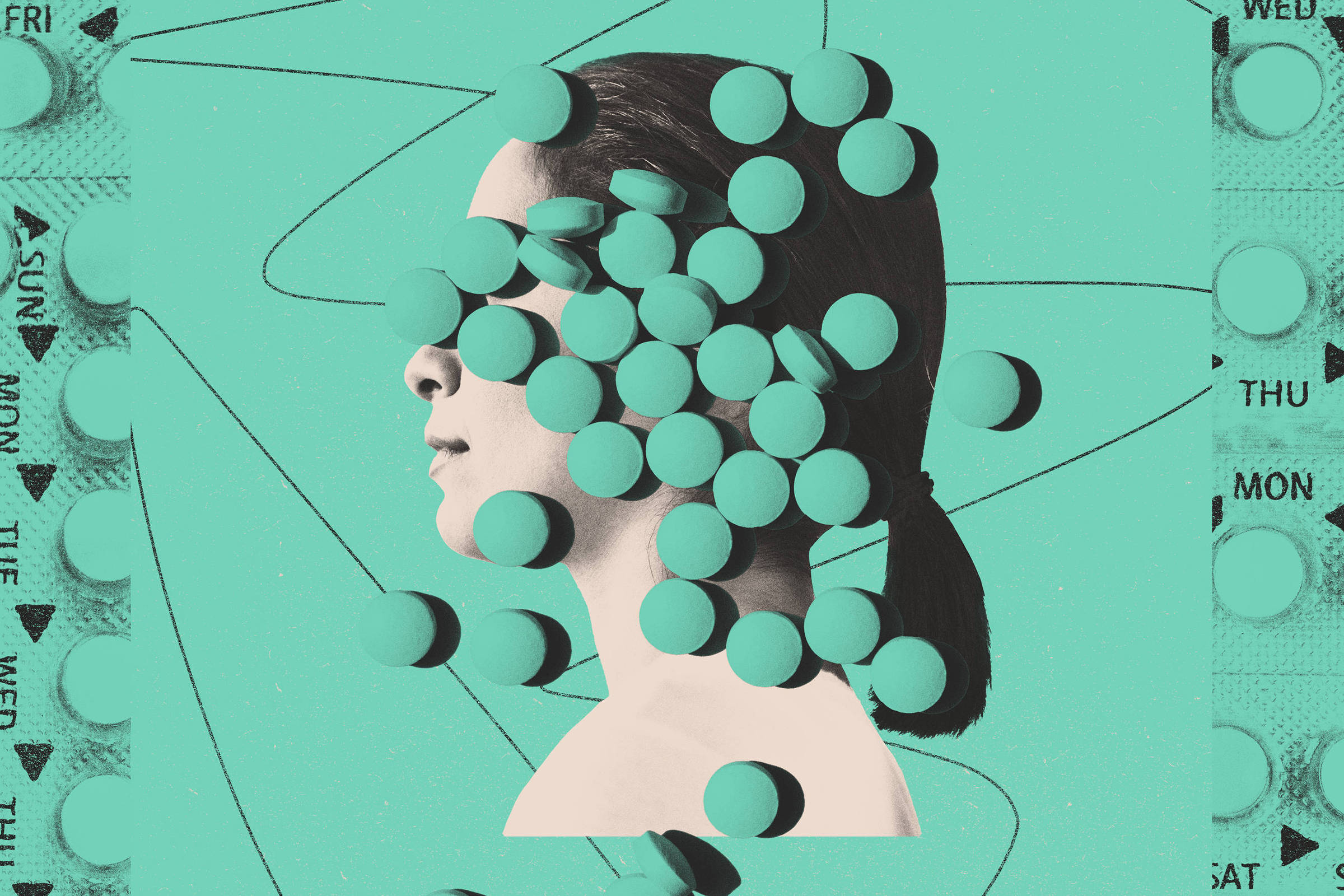A imagem apresenta o perfil de uma mulher em um fundo azul claro. O rosto é parcialmente coberto por círculos em tons de verde, que parecem flutuar ao redor. Ao redor do perfil, há elementos gráficos que lembram um calendário, com dias da semana visíveis. O design é moderno e abstrato, misturando formas e cores de maneira criativa.