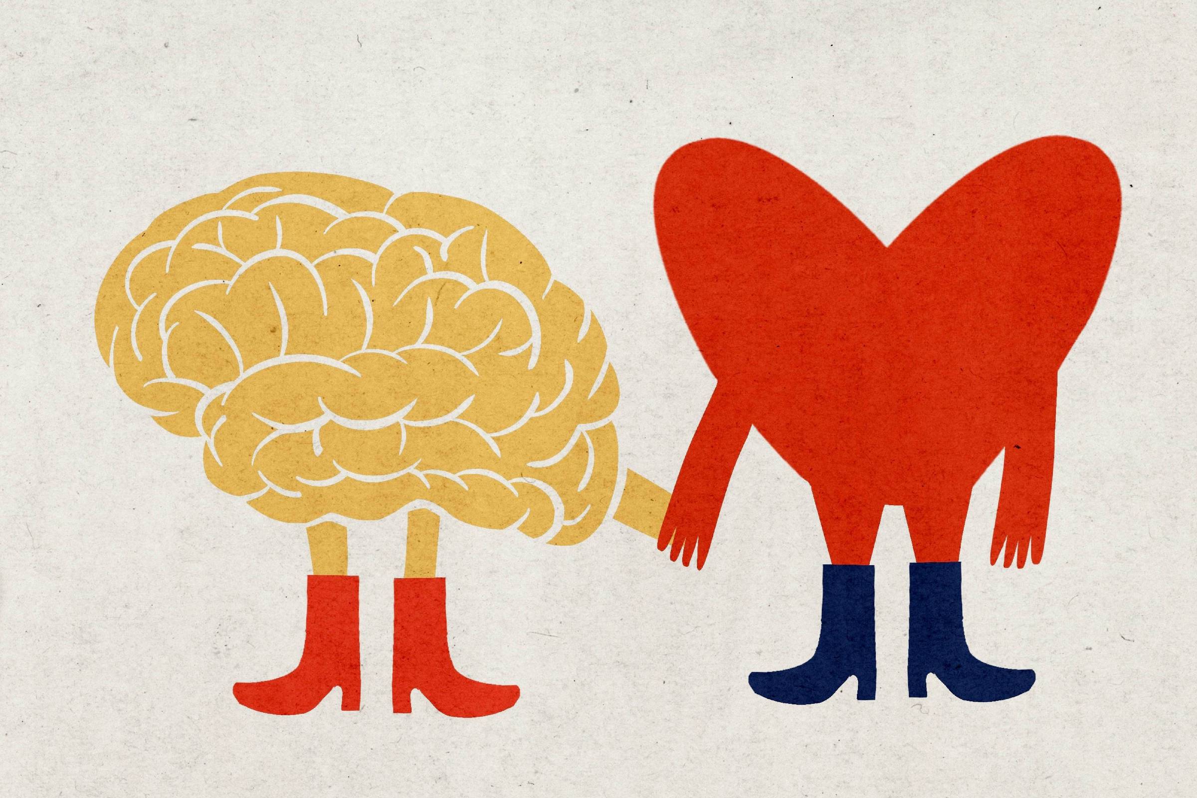 Ilustração de um cérebro amarelo e um coração vermelho de mãos dadas