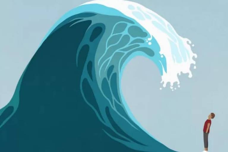 Ilustração colorida mostra uma onda gigante indo em direção a uma pessoa que olha para cima