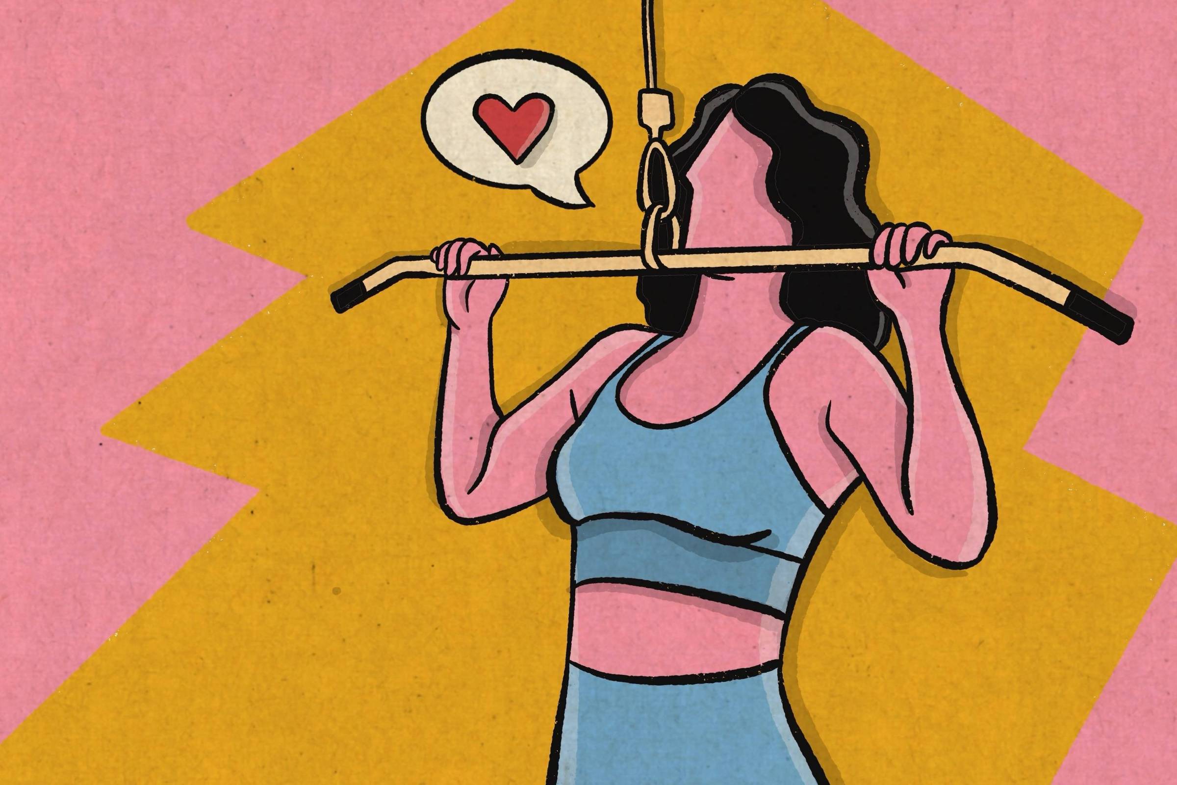 A ilustração mostra uma mulher se exercitando em uma máquina de academia, usando roupa esportiva azul, enquanto um balão de fala com um coração aparece ao lado dela. Com cores vibrantes e estilo gráfico, a imagem transmite energia, autocuidado e prazer na prática de atividades físicas.