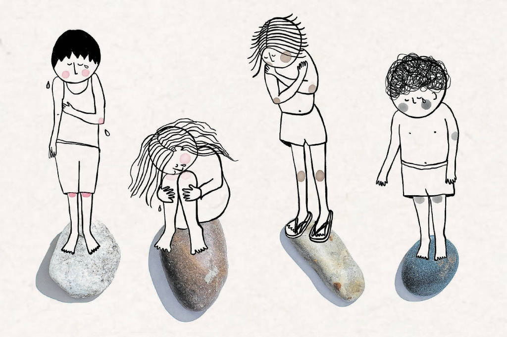 Ilustração com quatro crianças, alugmas sentadas e outras em pé em cima de pedras. Elas estão com os rostos tristes.