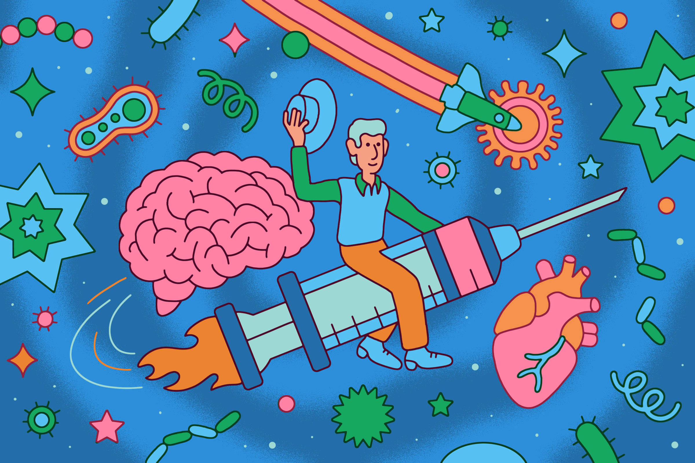 Homem sentado em seringa com chama na base, cercado por cérebro, coração e diversos microrganismos coloridos em fundo azul.