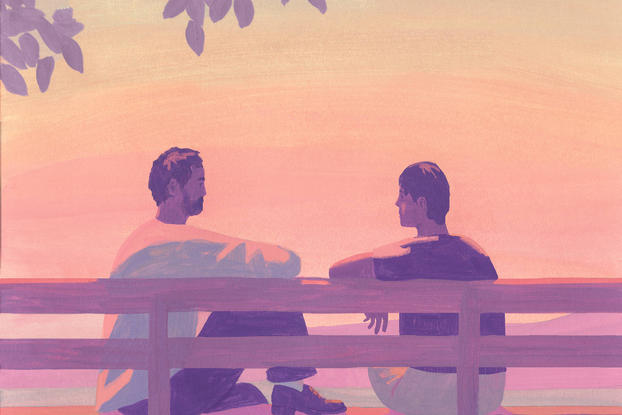 Duas pessoas sentadas em um banco de madeira, de perfil, conversando. O céu ao fundo apresenta tons suaves de rosa e laranja, indicando o pôr do sol. Folhas de árvore aparecem no canto superior esquerdo da imagem.
